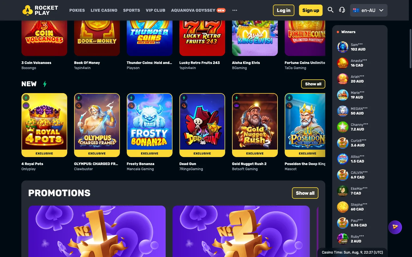 Rocket Play pokies lobby for Australia with the Top row, the New row and a live winners feed